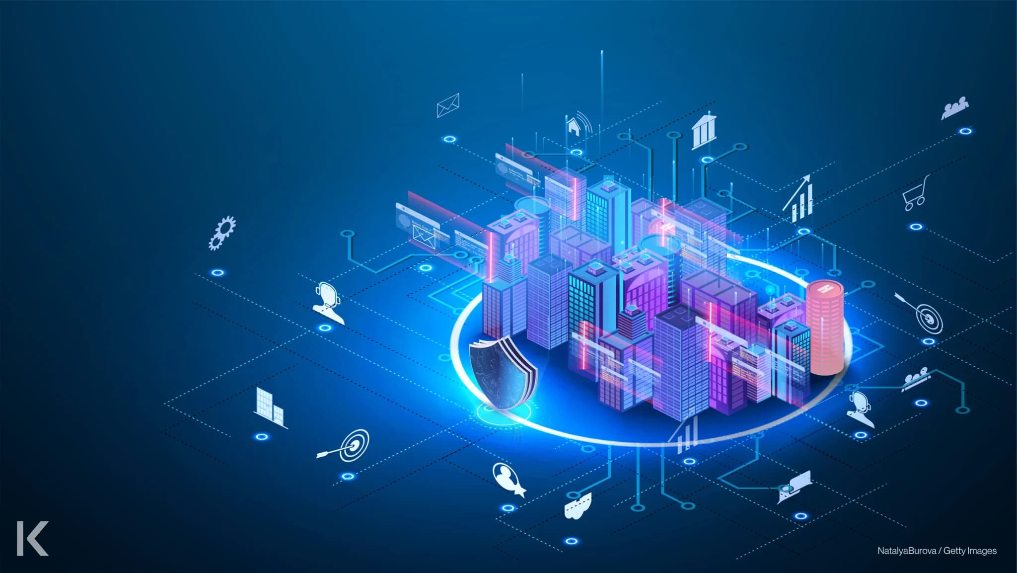 Illustration of how data security is intertwined with all connected devices and computer systems and how that makes the potential for cyberattacks on buildings bigger and bigger.