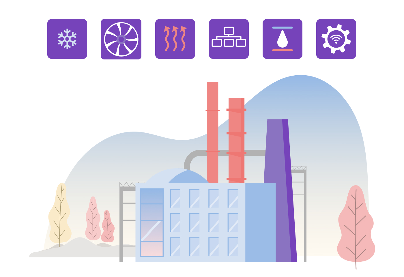 Illustration af en fabrik med teknisk udstyr, der kan forbindes via API'er.