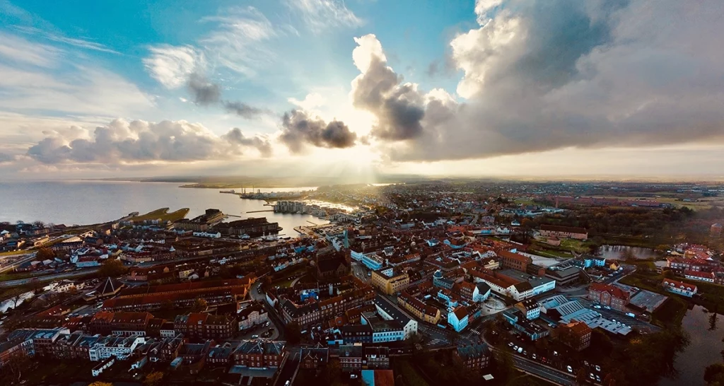 Luftfoto over Nyborg, Danmark, hvor Energiforum 2024 afholdes.