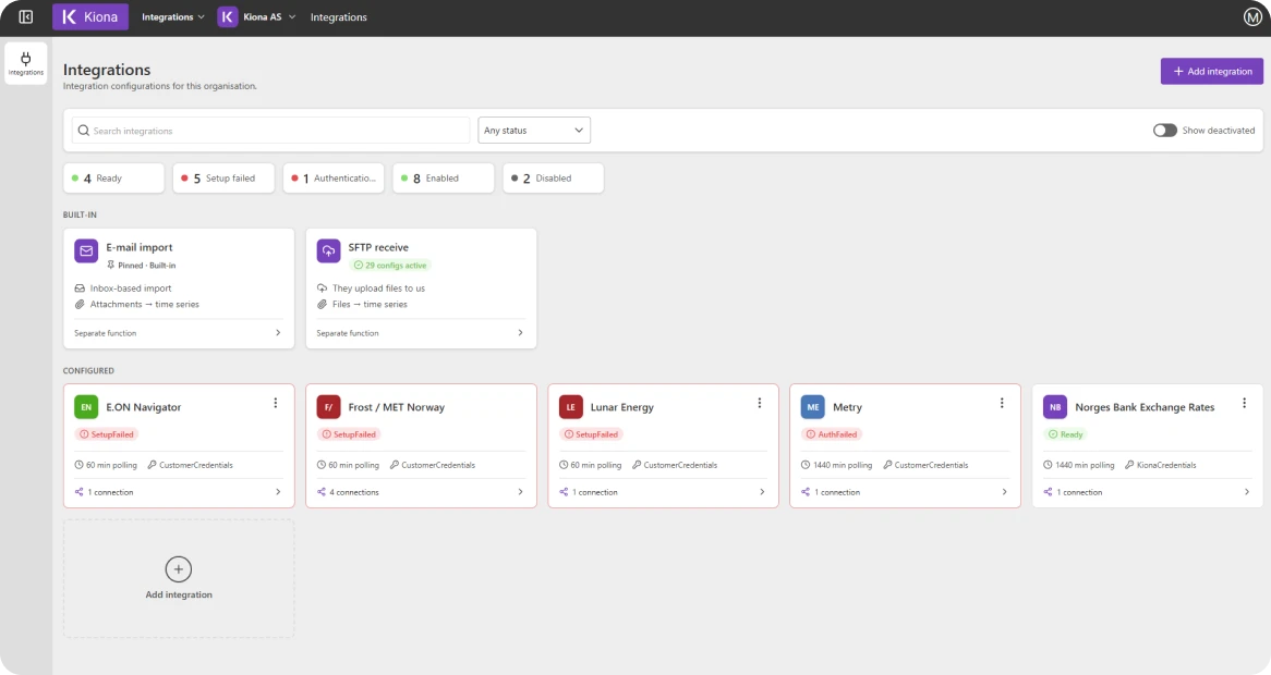 Screenshot of the new integrations view in Energinet.