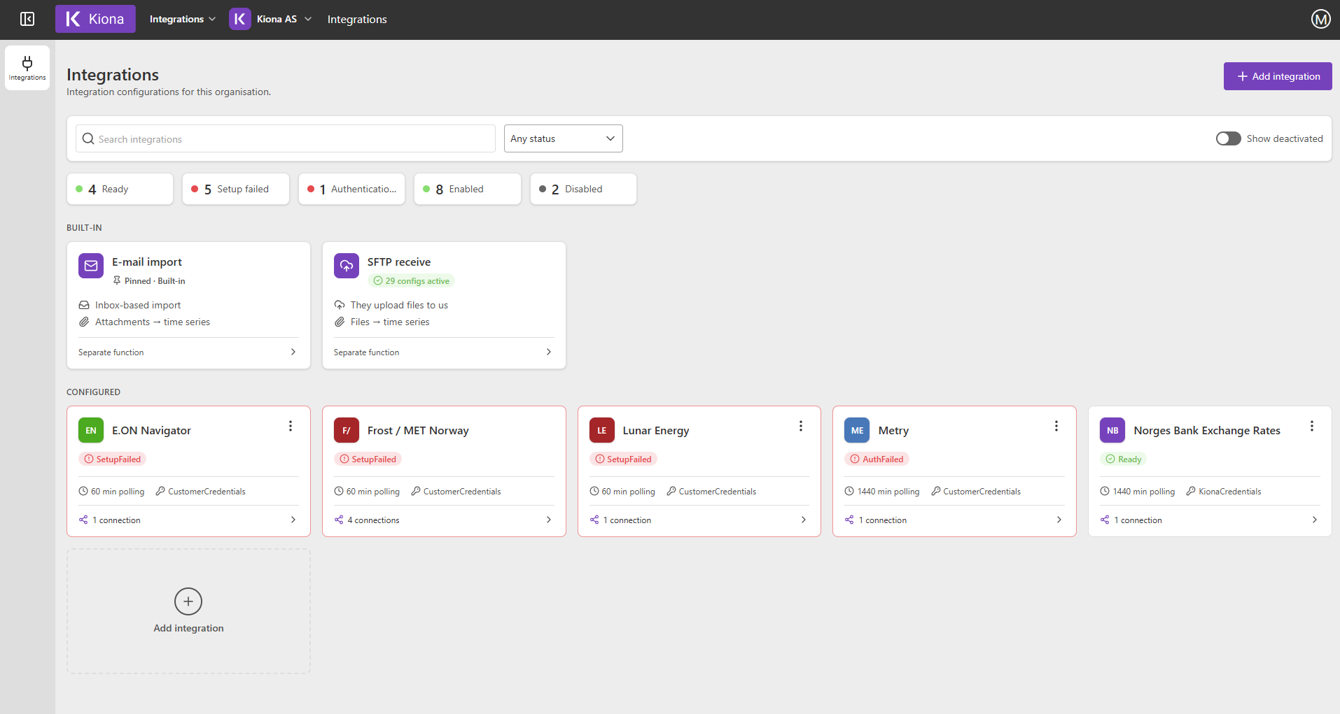 Screenshot of the integration configurations page in Energinet.